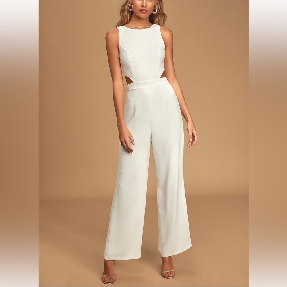 Lulus Moments to Remember White Sleeveless Wide-Leg Cutout Jumpsuit Size Small